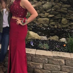 Beaded two piece illusion prom dress